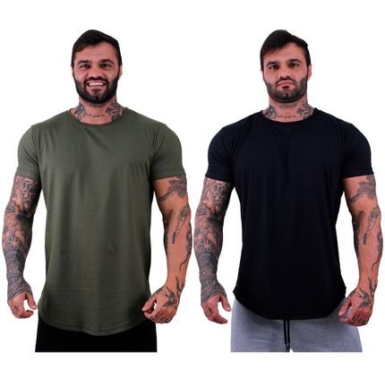 Kit 2 Camiseta Longline Masculina MXD Conceito para Academia e Casual Slim Verde Militar e Preto - Marca Alto Conceito