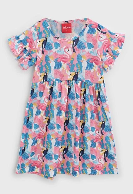 Vestido Tricae Infantil Flamingo Rosa/Azul - Marca Tricae