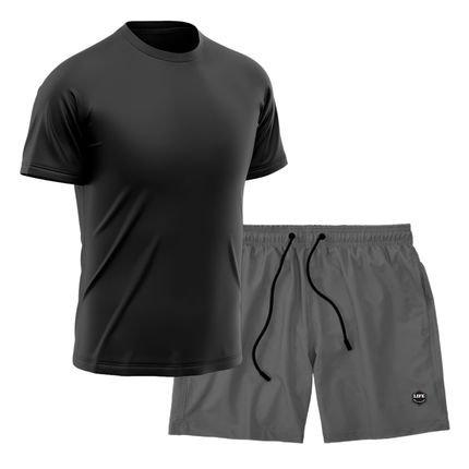 Kit Short   Camiseta Dry Treino Fitness Academia Bermuda Camisa Praia Esporte Preto/Cinza - Marca Life