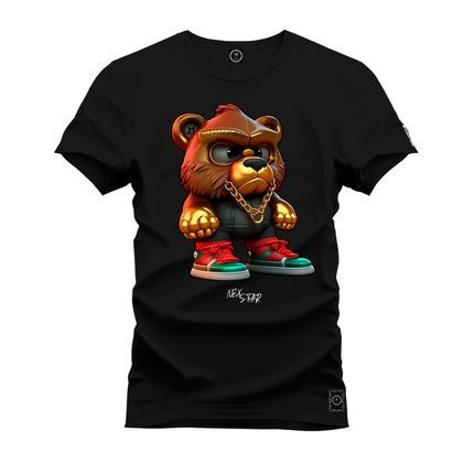 Camiseta Plus Size Premium Malha Confortável Estampada Urso Descolado - Preto - Marca Nexstar