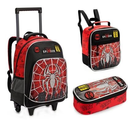 Mochila Infantil Rodinhas Spider com Lancheira e Estojo Vermelha - Marca Denlex
