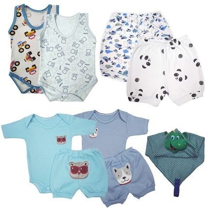 Kit Roupas De Bebê Verão Body E Shorts Estampados E Naninha Azul - Marca Koala Baby