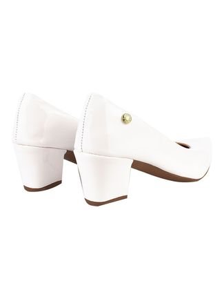 Scarpin Feminino Sapato Social Salto Quadrado Grosso Baixo Bico Fino Confortável Verniz Branco