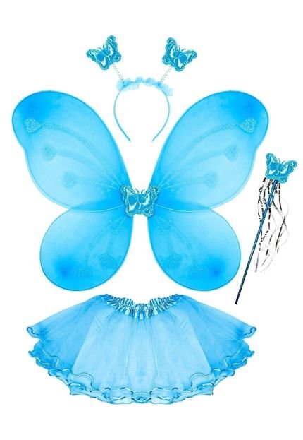 Kit Asa De Borboleta Fada Varinha E Tiara Primavera Carnaval Infantil Borboletinha Bailarina Asinha Sainha Arquinho Luxo Azul - Marca Meimi Amores