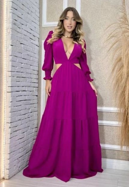 Vestido Manu Abertura Viscose Manga Longa Fucsia - Marca Cia do Vestido