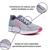 Kit Tênis Feminino Esportivo Confort Leve Macio Ortopédico Cinza e Rosa  Meia e Palmilha - Marca Yes Basic