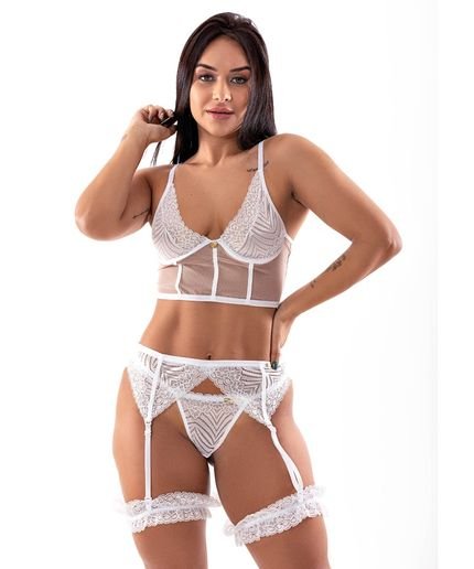 Conjunto IMI Lingerie Noite Lua de Mel Noiva Cinta Liga Perneira Biju Perla Branco - Marca IMI LINGERIE