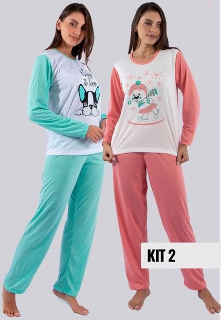 Kit 2 Pijamas Feminino Longo Linha Noite Inverno Manga Colorida - Marca Linha Noite