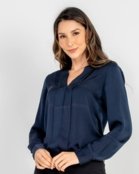 Blusa Acetinada Manga Longa Gola Virada Azul - Marca POLLEN