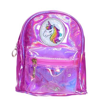 Bolsa Mochilinha Unicornio Com Brilho Holográfico Pink Brilhante Infantil Menina - Marca Pemania