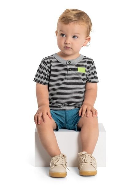 Camiseta Listrada em Meia Malha para Bebê Menino Quimby Cinza - Marca Quimby