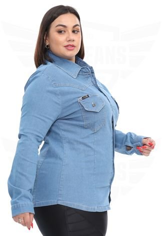 Camisa Jeans Feminina Manga Longa Plus Size - EWF Jeans - Azul Claro