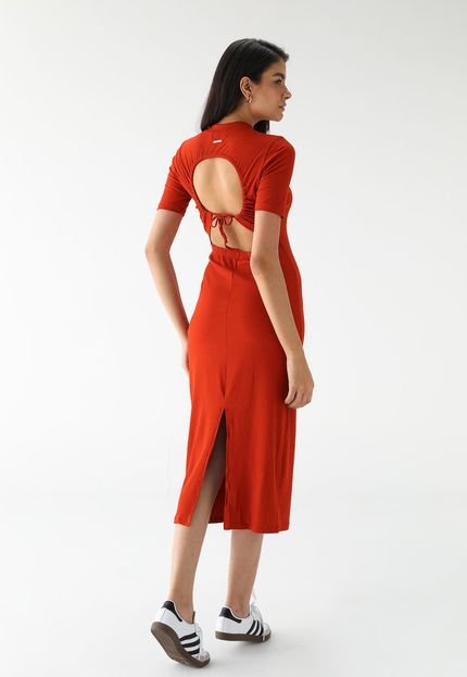 Vestido Canelado Colcci Midi Decote Costa Laranja - Marca Colcci