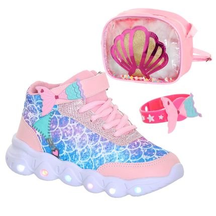 Tenis calçado de sereia criança com iluminação de led infantil feminino rosa com bolsa e pulseira - Marca Pemania