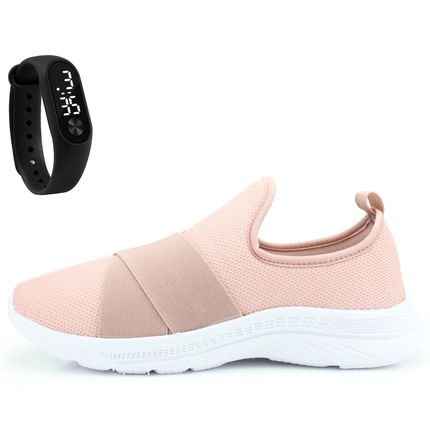 Kit Tênis Feminino Esportivo Calce Fácil Conforto Sapatore Rosa e Relógio LED - Marca Sapatore