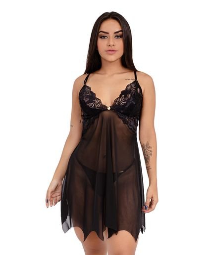 Camisola IMI Lingerie Sem Bojo Em Tule E Renda Com Calcinha Fio Dental Ainah  Preto - Marca IMI LINGERIE