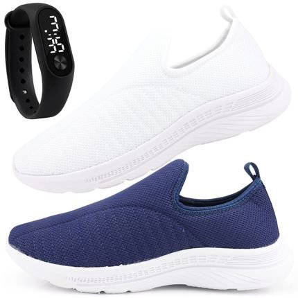 Kit 2 Tênis Feminino Esportivo Calce Fácil Leve Sapatore Azul e Branco e Relógio LED - Marca Sapatore