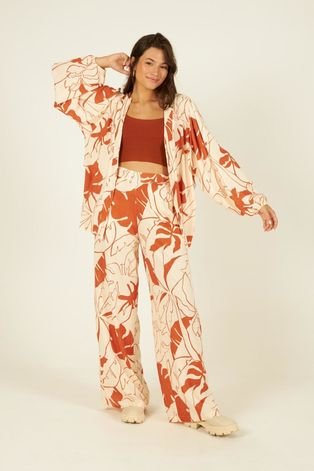 Kimono Manga Franzida - Estampa Folhagem Terracota