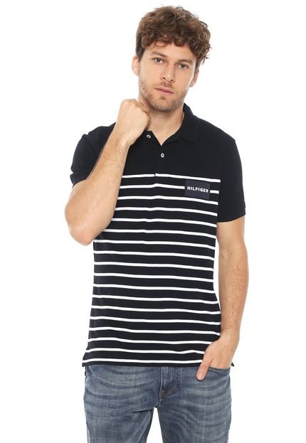 Camisa Polo Tommy Hilfiger Slim Listrada Azul-marinho/Branca - Marca Tommy Hilfiger