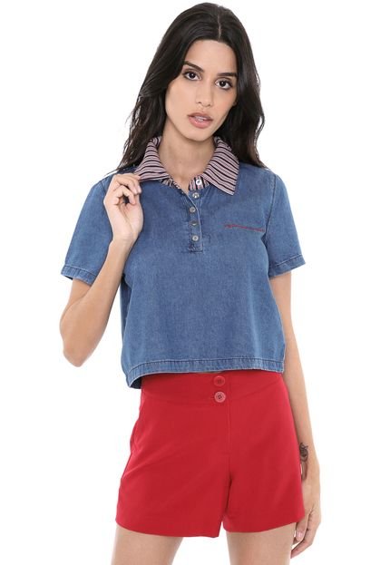 Blusa Cropped Jeans My Favorite Thing(s) Listrada Azul/Vermelha - Marca My Favorite Things