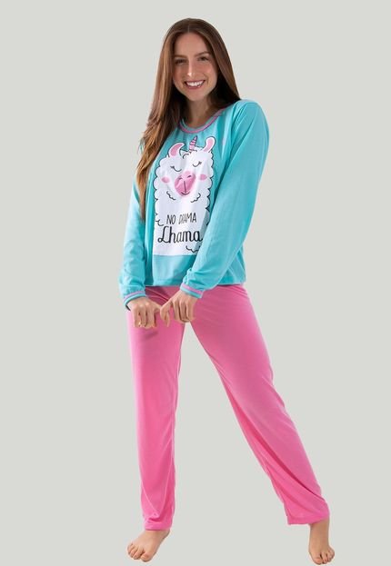 Pijama Longo Lhama Azul com Rosa - Marca Diluxo