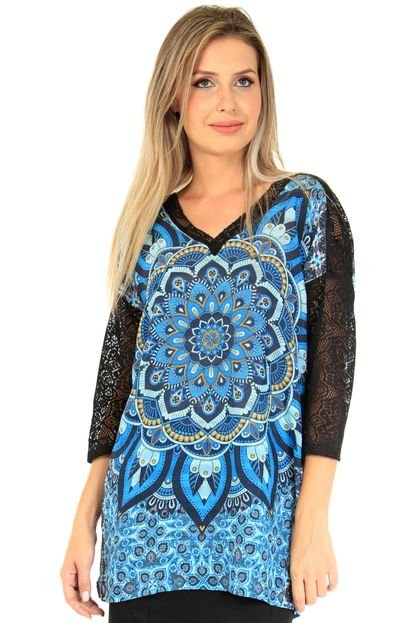 Blusa 101 Resort Wear Com Renda Longa Azul - Marca 101 Resort Wear