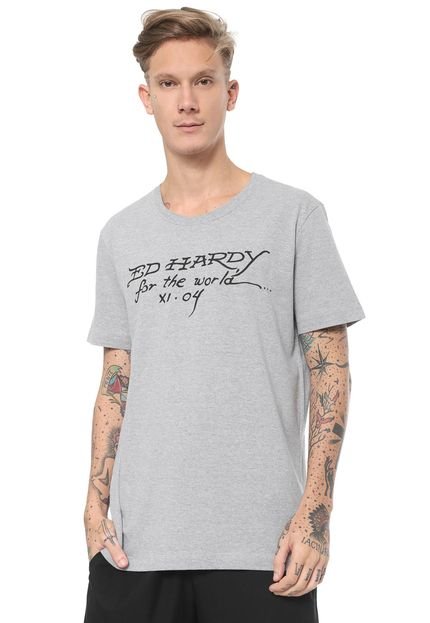 Camiseta Ed Hardy  Skull & Roses Cinza - Marca Ed Hardy