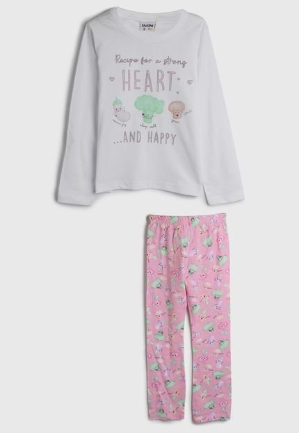 Pijama Fakini Longo Infantil Full Print Branco/Rosa - Marca Fakini