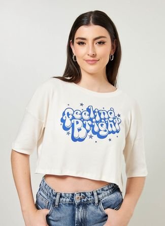 Camiseta Cropped Off-White Escrito Azul