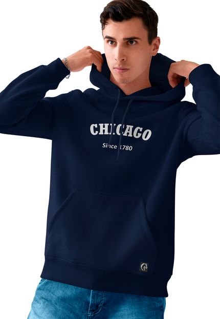 Blusa De Frio Masculina Moletom Flanelado Com Capuz e Bolso Canguru Chicago Azul Marinho - Marca BUENO STORE