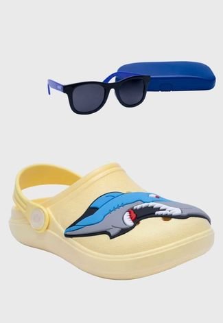 Kit Babuche Tubarão Amarelo e Óculos de Sol Azul com Capinha Infantil