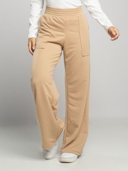 Calça Moletinho Pantalona Wide Leg Cintura Alta Moda Feminina Bege - Marca Vicbela