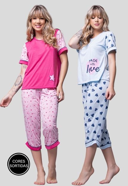 Kit 2 Pijamas Bella Fiore Modas Manga Curta Pescador Rosa - Marca Bella Fiore Modas
