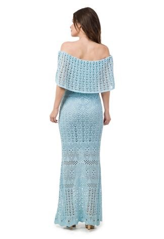 Vestido longo modal tricot detalhado crochê - R$ 79.00, cor Azul claro ( sereia, de tricô, decotado, de poliester) #12334, compre agora