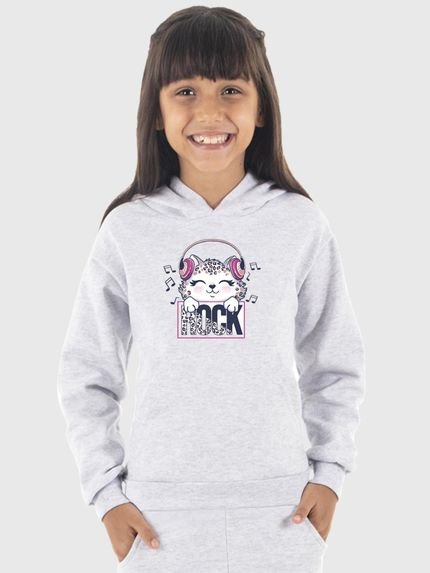 Moletom Canguru Infantil Menina Estampado Cat Rock Cinza Claro - Marca Benellys