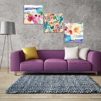 Conjunto de 3 Telas Decorativas em Canvas Wevans Flores Multicolorida