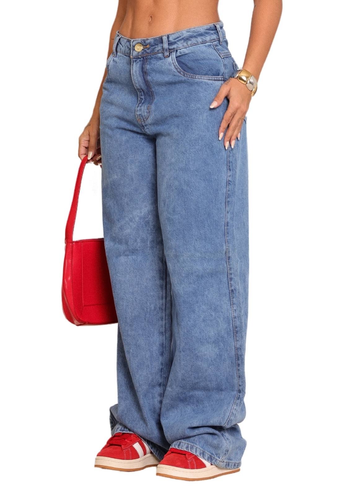 Calça Jeans Pantalona Wide Leg Elegante Jeans Marmorizada Feminina Confortável Tecido Premium - Marca Pletora