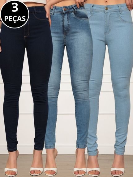 Kit 03 Calças Jeans Skinny Feminina Azul Escuro, Marmorizado e Médio - Marca CKF Wear