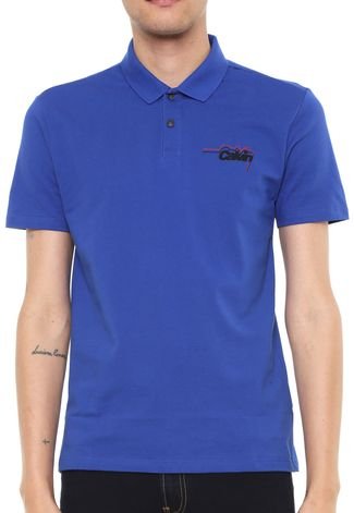Camisa Polo Calvin Klein Jeans Reta Logo Azul