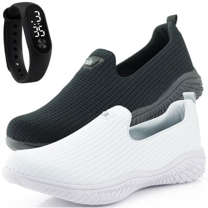 Kit 2 Pares Tênis Feminino Esportivo Casual Leve Sapatore Branco e Black e Relógio - Marca Sapatore