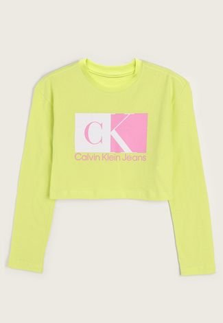 Camiseta Infantil Cropped Calvin Klein Kids Logo Bicolor Verde