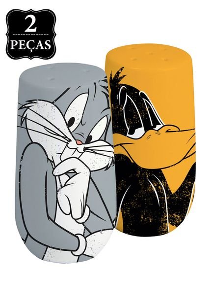 Saleiro e Pimenteiro Looney Tunes Cerâmica Bug And Daffy 4x4x7cm Cinza/Amarelo - Marca Urban