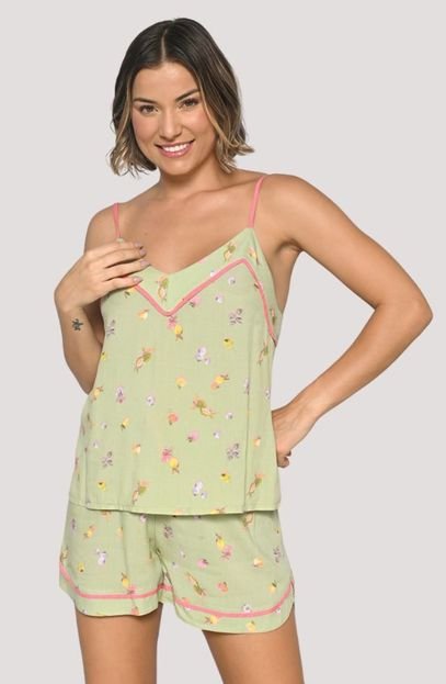 Conjunto Pijama Curto Estampado em Viscose - Regata e Shorts  Verde Claro - Marca RAIZZIS