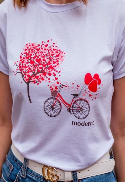 Blusa T-shirt Camiseta Branca Feminina Estampada - Bicicleta - Marca Moderna & Slim