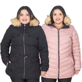 Jaqueta Parka Feminina Dupla Face Nylon Plus Size Com Capuz