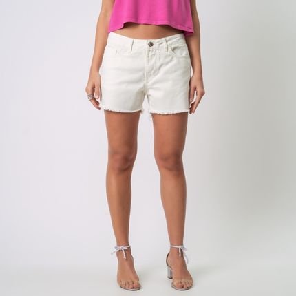 Bermuda Short Jeans Color Cintura Média Semi Boy Barra Desfiada Branco Cru - Marca Bloom