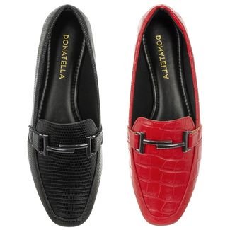 Kit 2 Pares Sapato Feminino Mocassim Donatella Shoes Bico Quadrado Confort Preto e Vermelho Croco