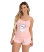 Pijama Curto Baby Doll Rosê Gatinho - Marca Sallada Mista