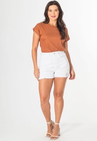 Short Jeans Feminino Branco Desfiado Cintura Alta Casual
