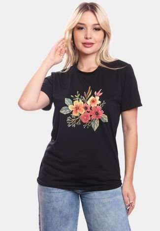 Tshirt Blusa Feminina Ramo de Flores Estampada Manga Curta Camiseta Camisa Preto